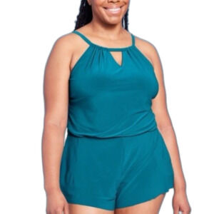 Aqua Green High Neck Swim Romper Pockets Teal One Piece Swimsuit Plus 18 NWT